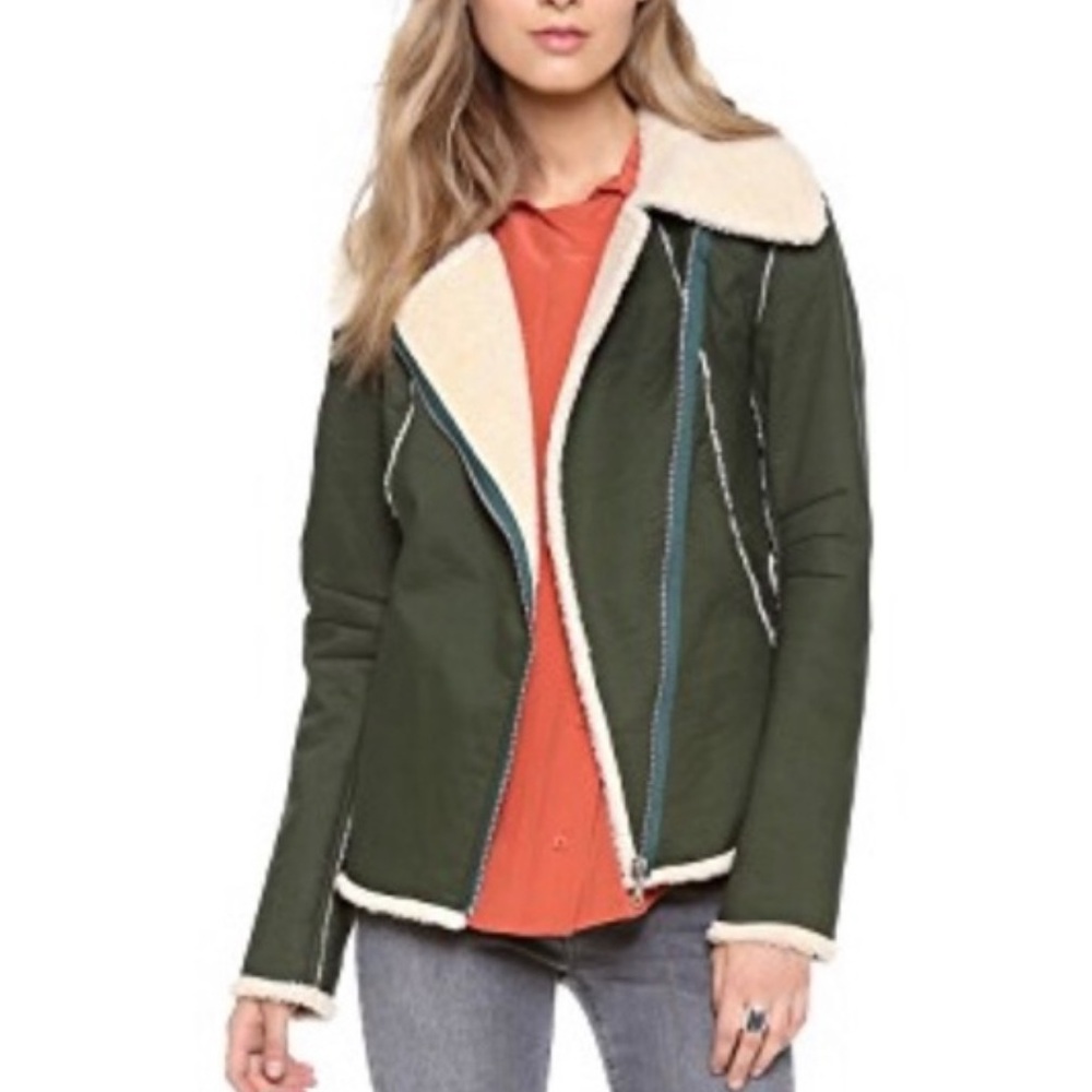 REBECCA MINKOFF Quinn Green Faux Shearling Moto Bomber Jacket NWOT